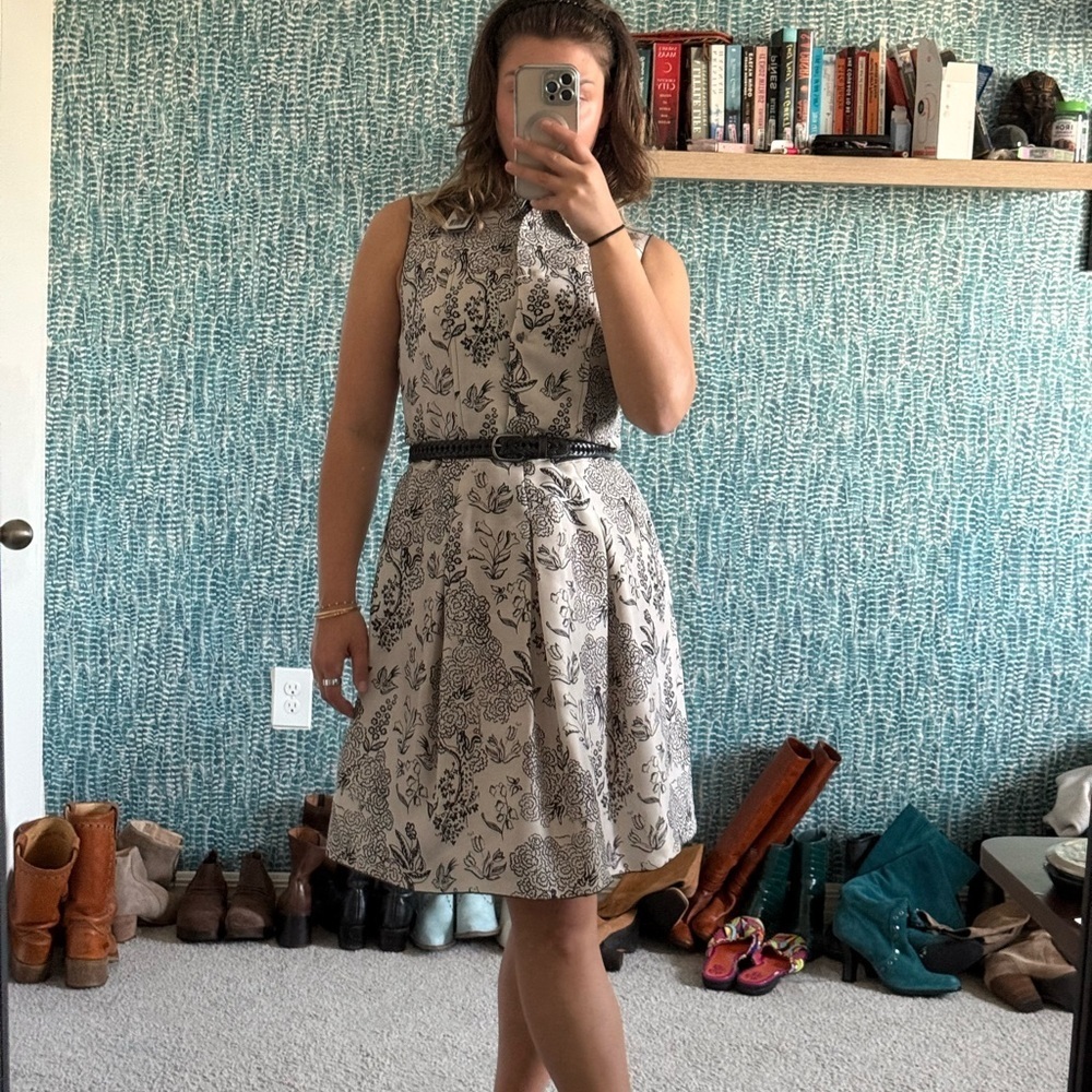 Jil Sander Navy made in Italy Silk Black and White Floral Midi Dress NWT